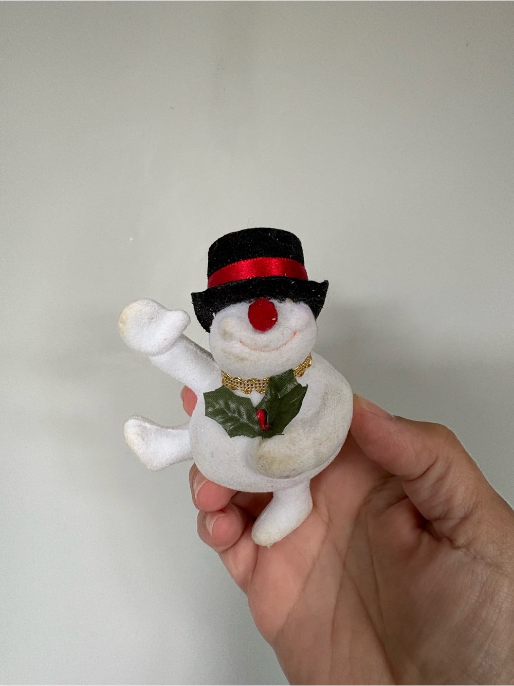 Vintage flocked Festive White Snowman Holiday Ornament with Black Hat